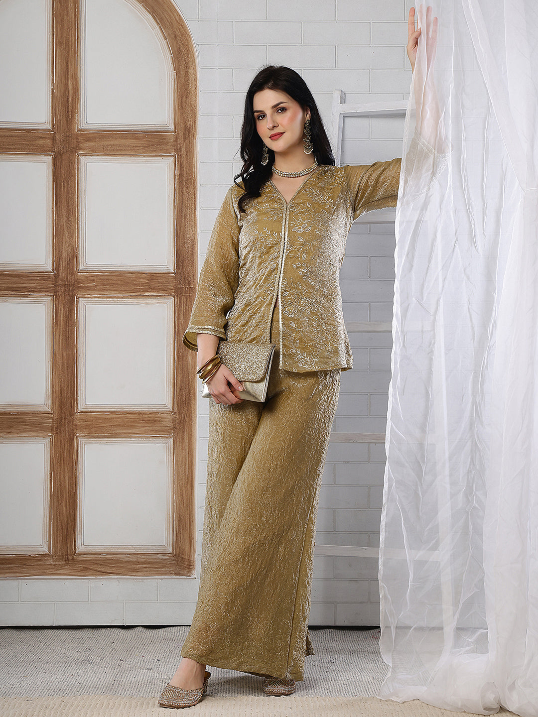 Elegant  Gold-Toned Embroidered V-Neck Tunic with Palazzo Set | Claura