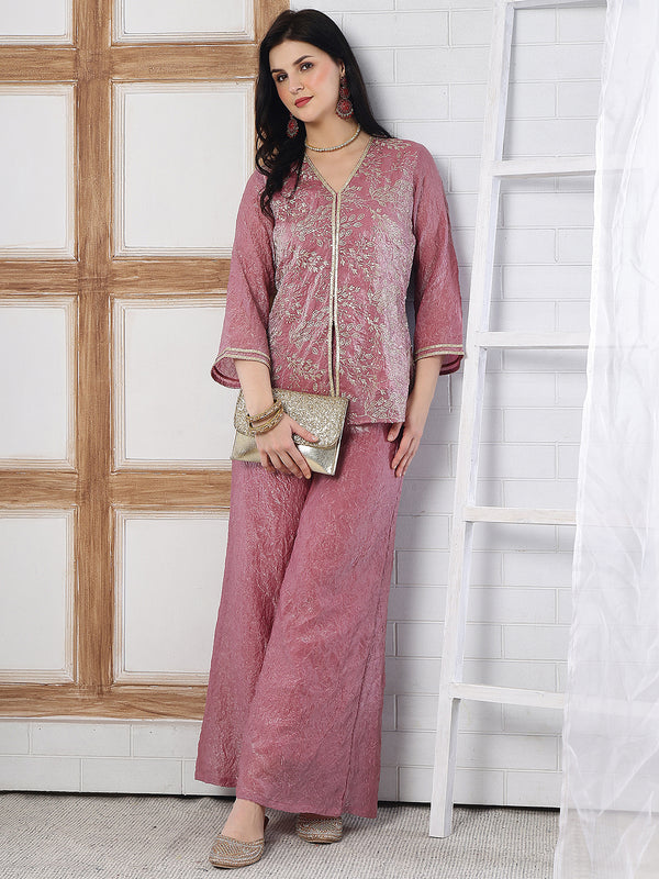 Elegant Pink Embroidered V-Neck Tunic with Palazzo Set | Claura