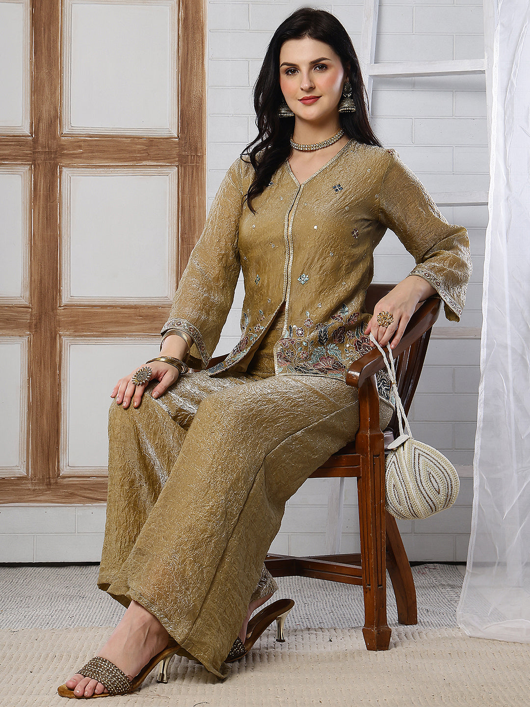 Gold Embroidered Tunic with Flowy Palazzo Set For Women | Claura