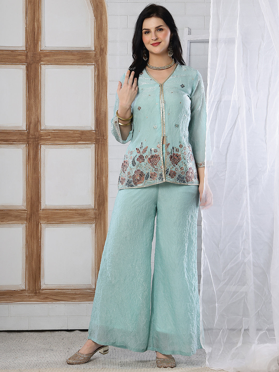 Pastel Blue Embroidered Tunic with Flowy Palazzo Set | Claura