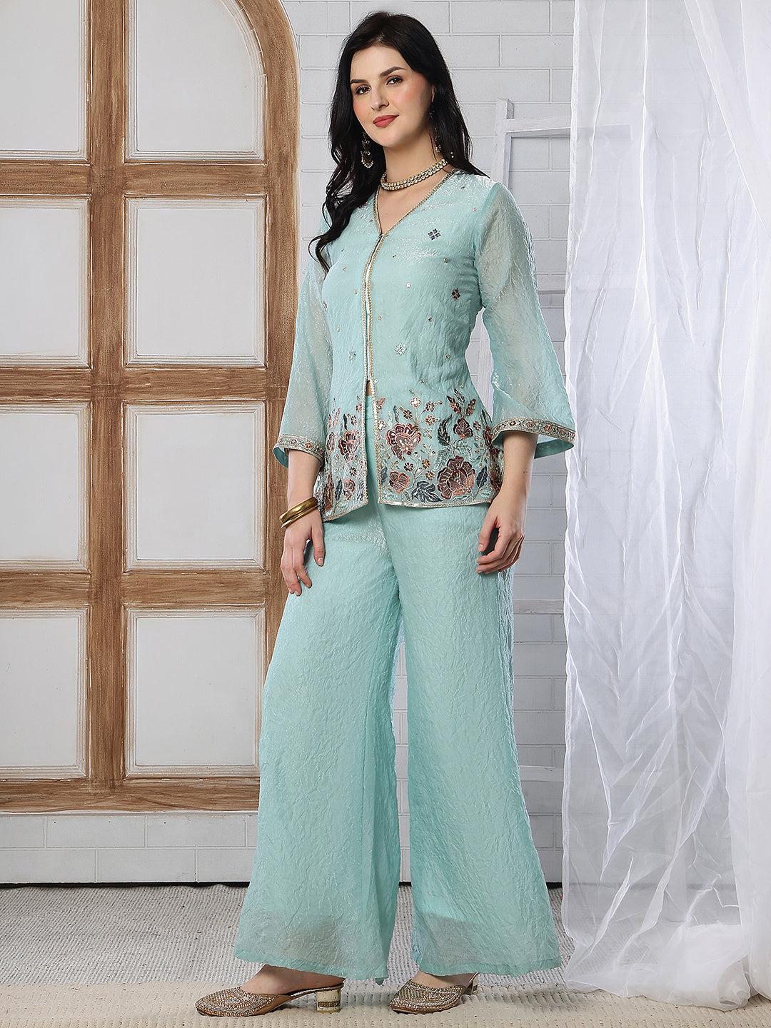 Pastel Blue Embroidered Tunic with Flowy Palazzo Set | Claura