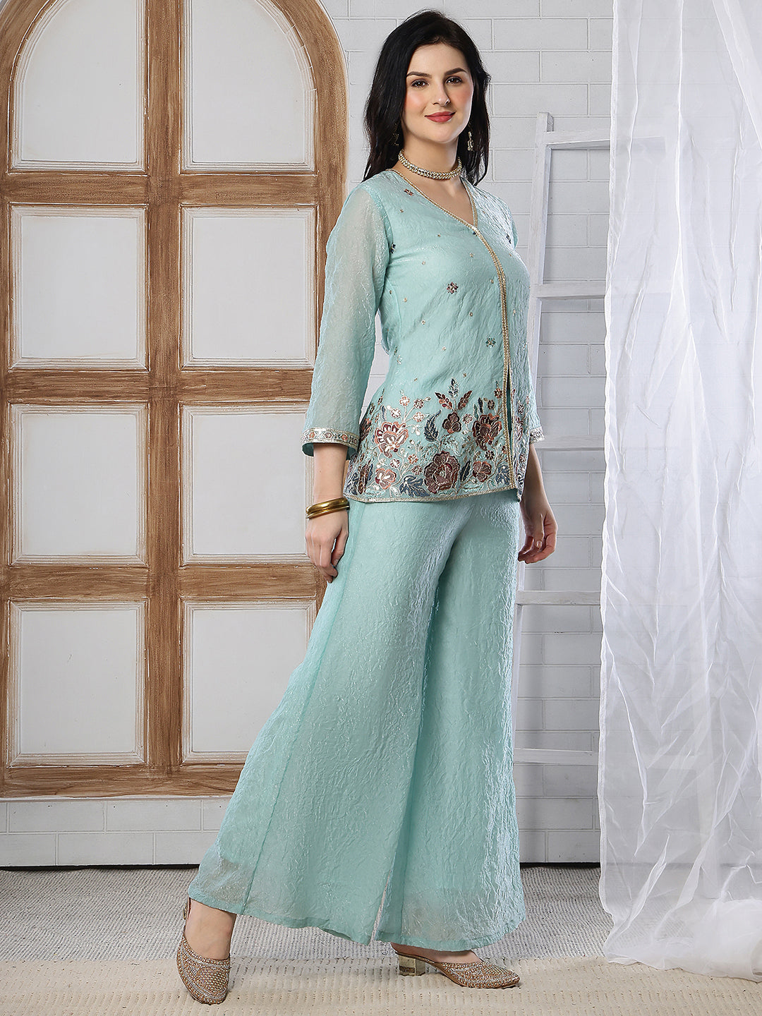 Pastel Blue Embroidered Tunic with Flowy Palazzo Set | Claura
