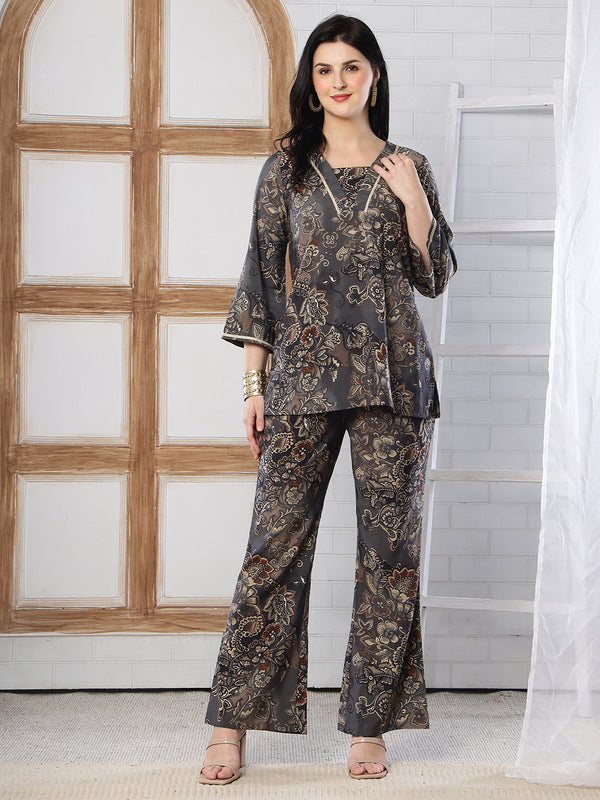 Grey Abstract Printed Silk Co-Ord Set for Women | Claura
