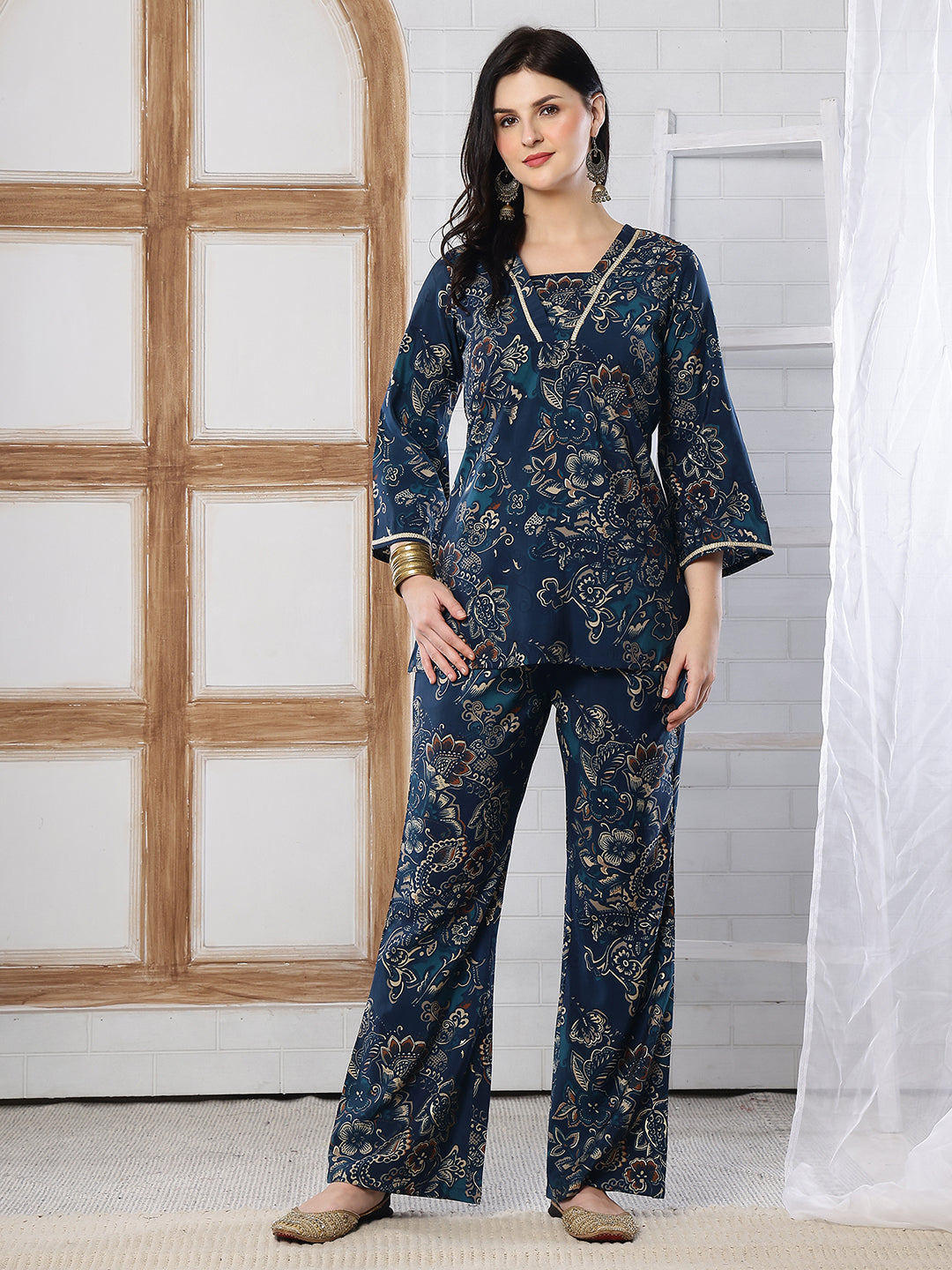 Teal Blue Abstract Printed Silk Co-Ord Set for Women | Claura