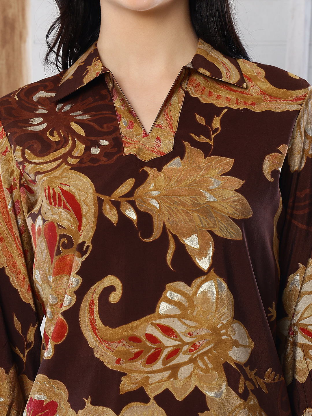Brown Floral Printed Silk Co-Ord Set for Women | Claura