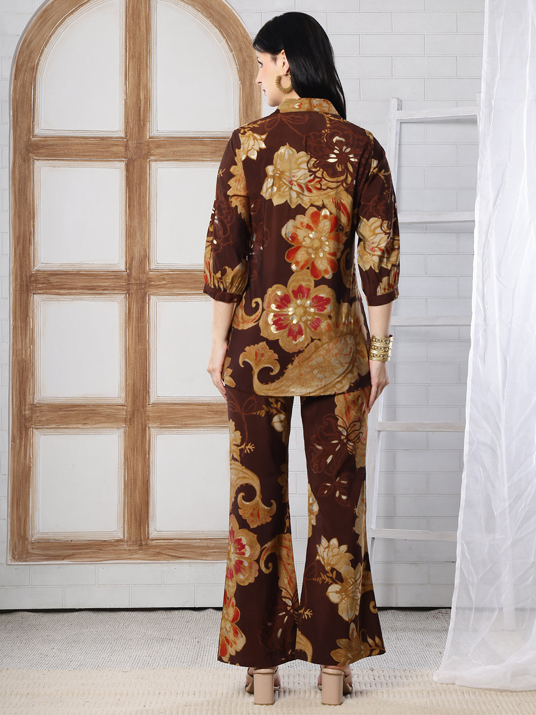 Brown Floral Printed Silk Co-Ord Set for Women | Claura