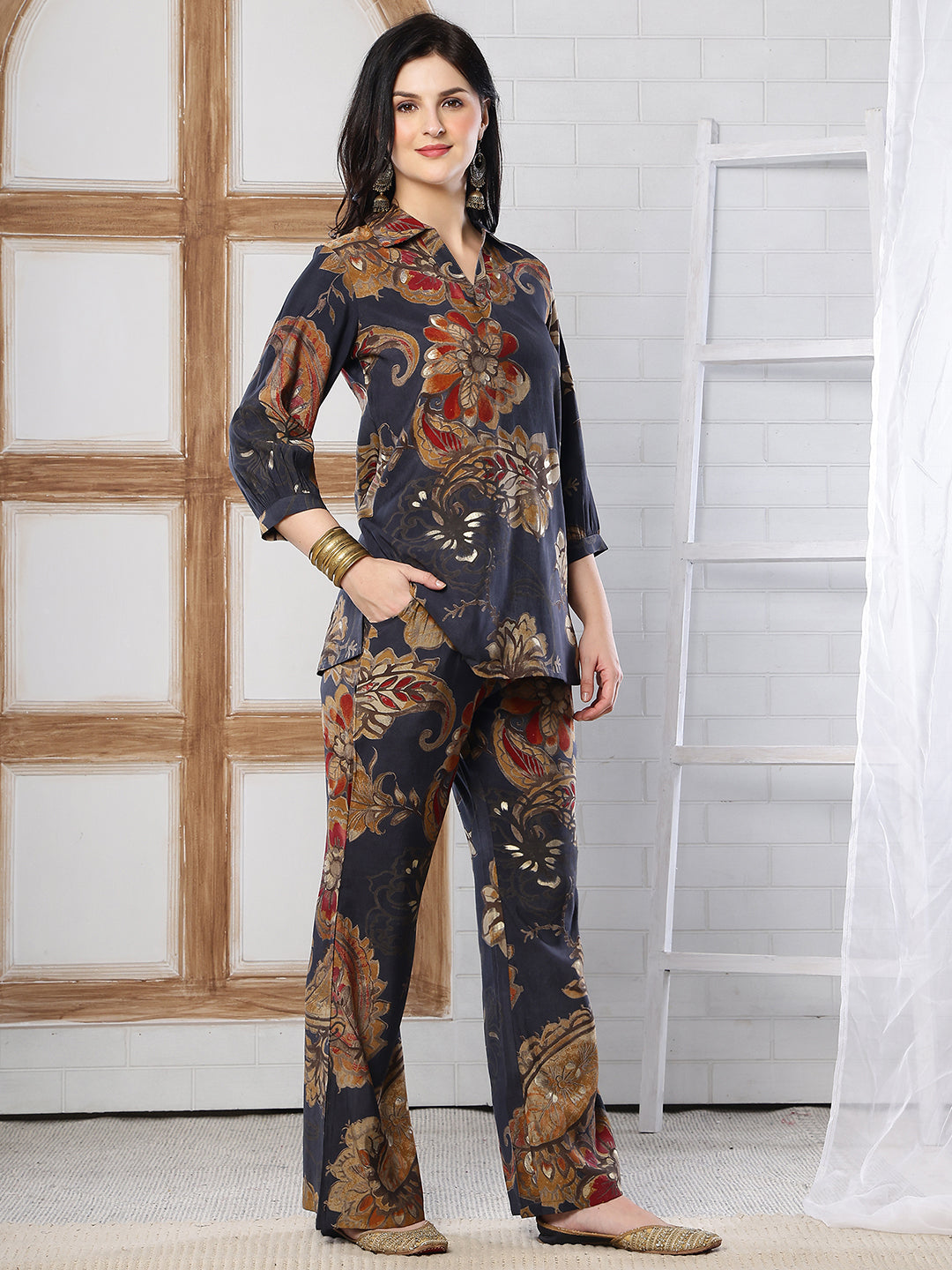 Grey Floral Printed Silk Co-Ord Set for Women | Claura