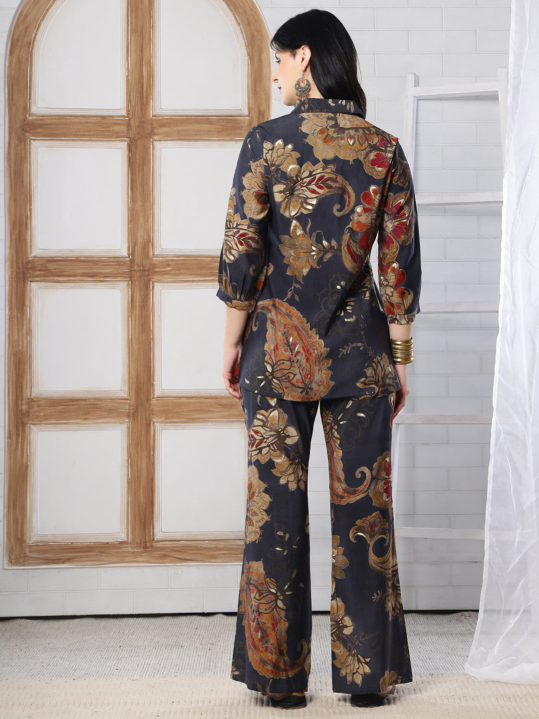 Grey Floral Printed Silk Co-Ord Set for Women | Claura