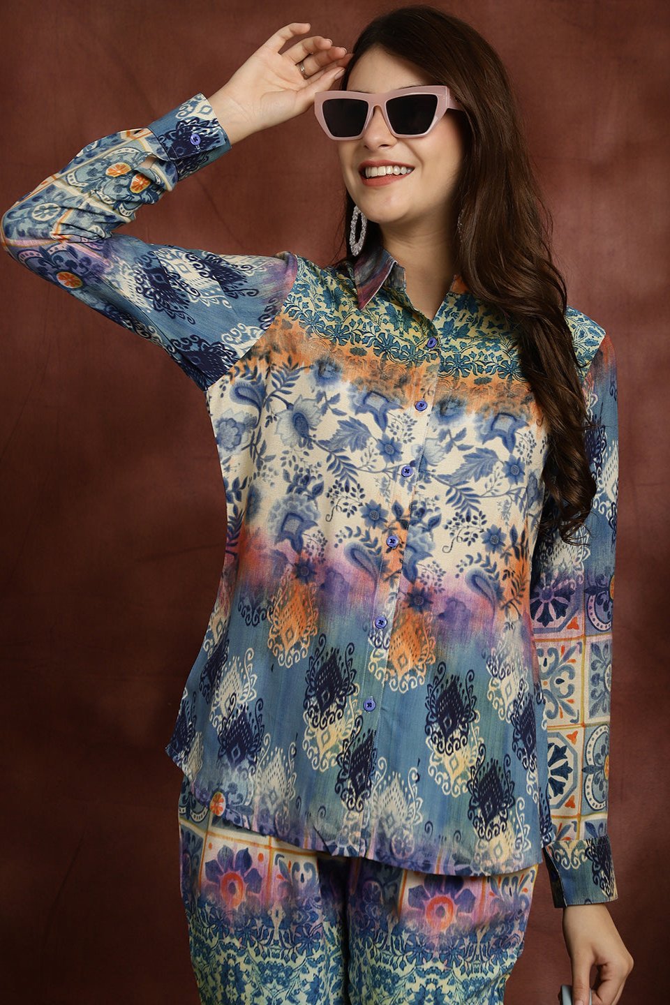 Close-up of soft Viscose Rayon fabric on Blue Co-Ord Set

