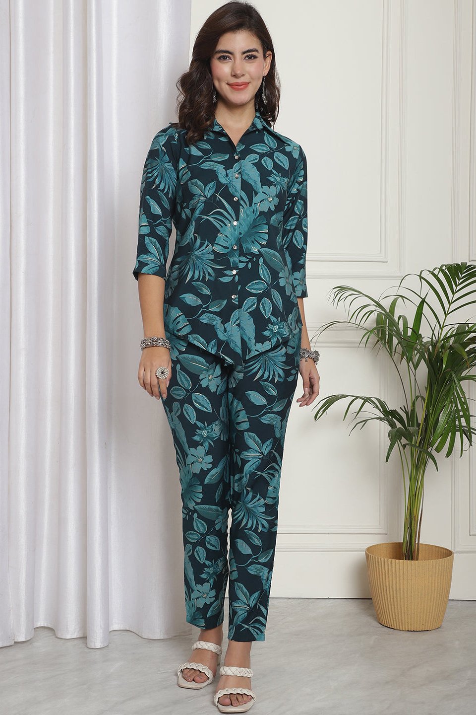 Woman wearing Green Floral Co-Ord Set 
