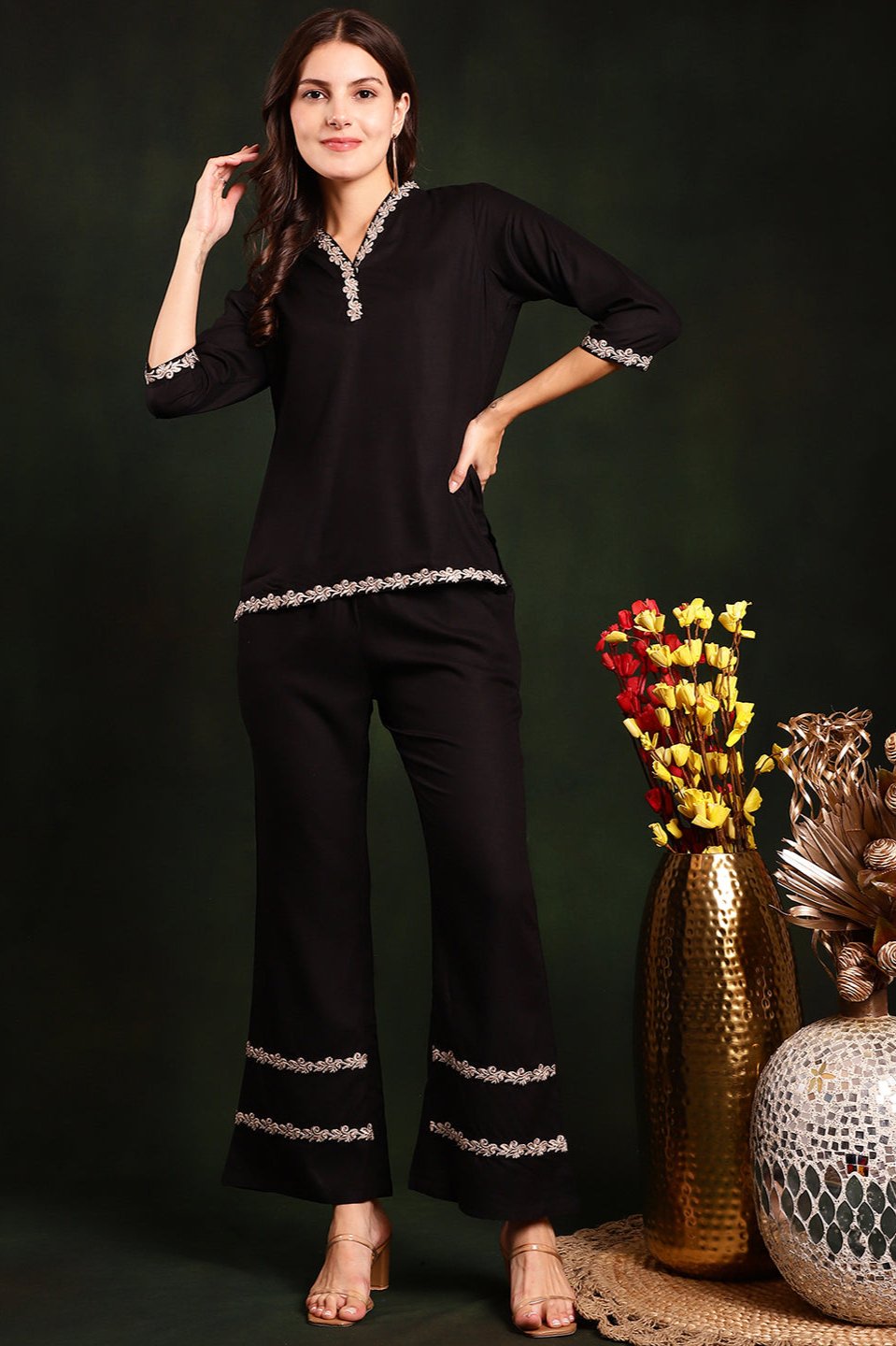 Woman wearing Black Embroidered Co-Ord Set
