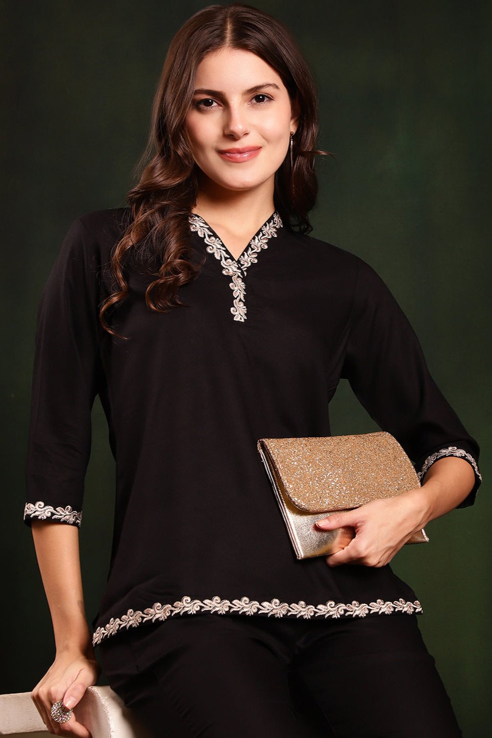 Close-up of embroidery on Black Viscose Rayon Co-Ord Set