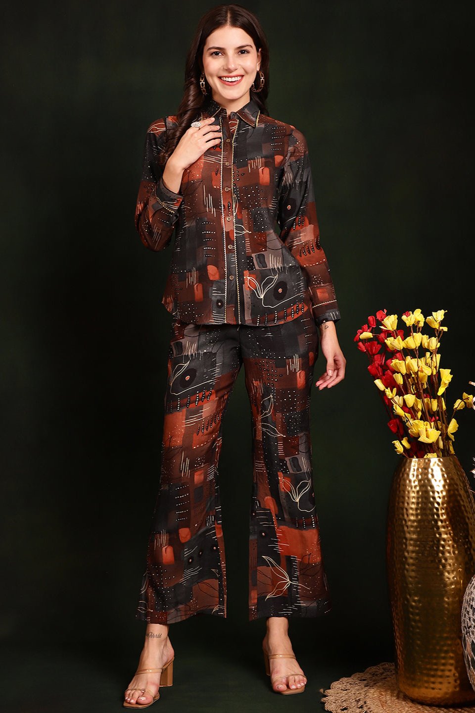 Woman wearing Brown Abstract Print Co-Ord Set