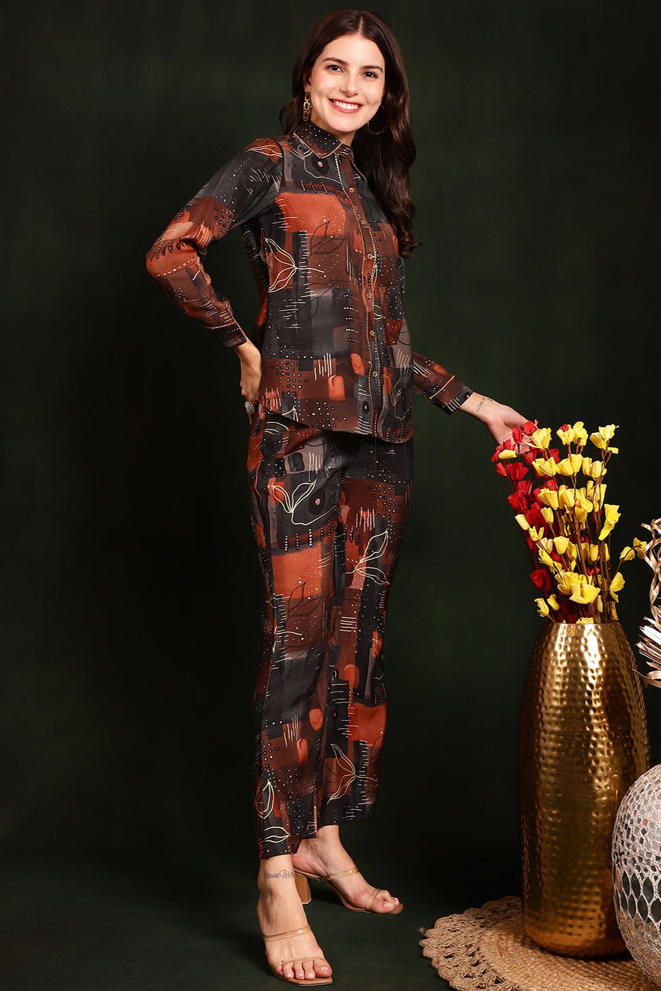 Back view of model styling Brown co-ord outfit