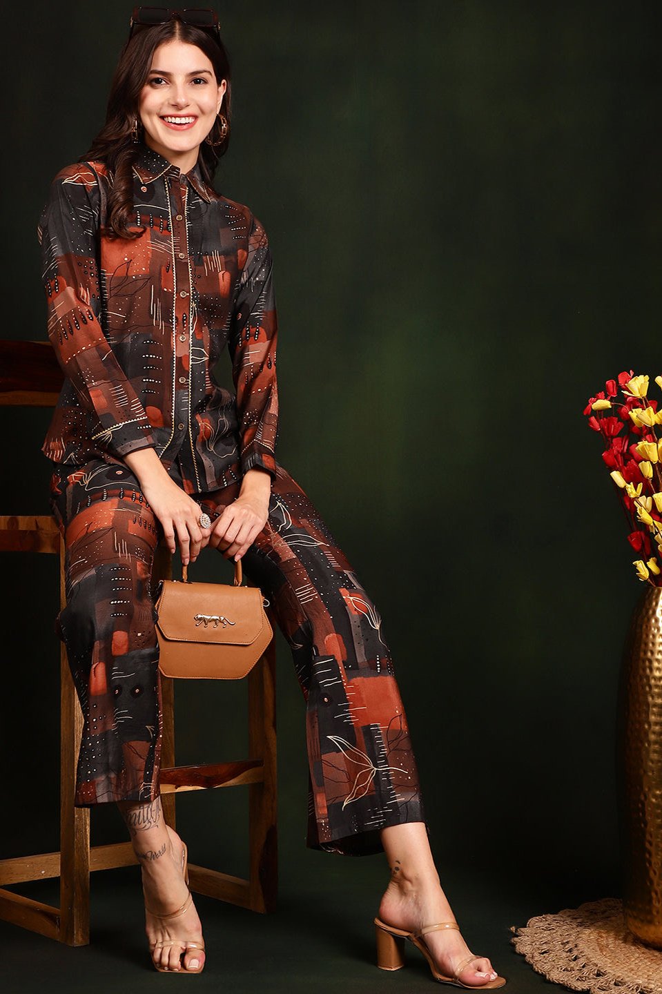 Close-up of Chanderi Silk fabric on Brown Co-Ord Set