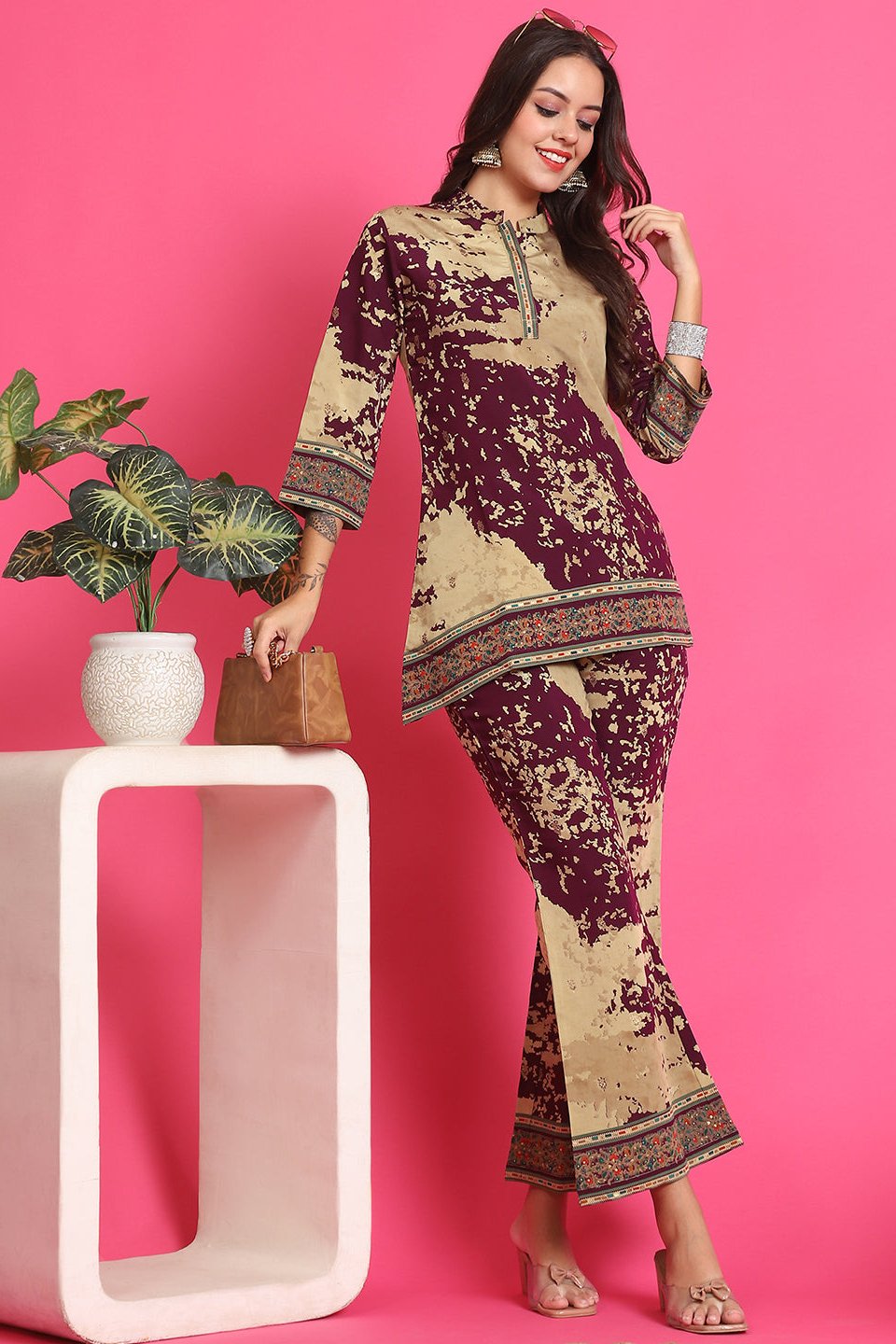 Woman wearing Purple Abstract Chanderi Co-Ord Set