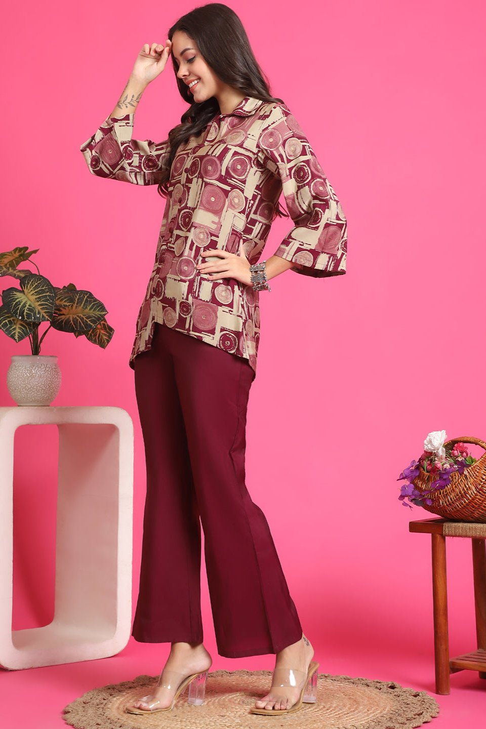 Purple Abstract Printed Chanderi Co-Ord Set for Women | Claura