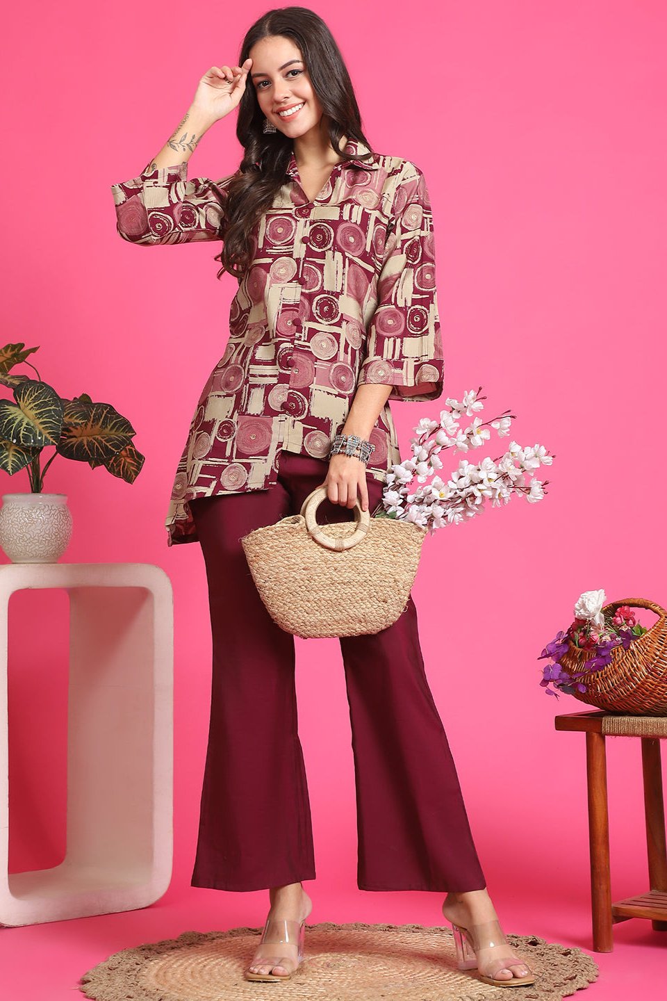 Purple Abstract Printed Chanderi Co-Ord Set for Women | Claura