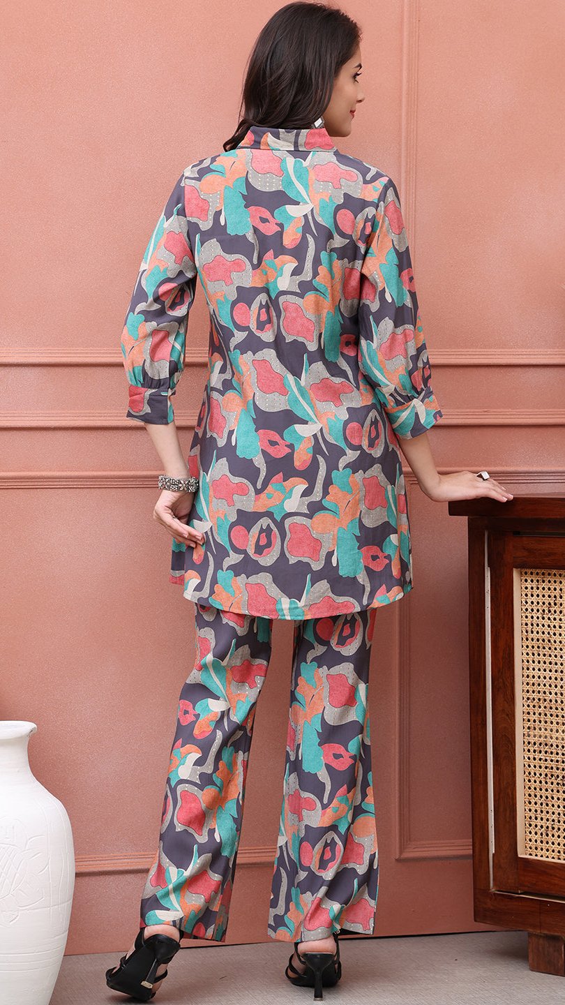 Grey Abstract Printed Premium Chanderi Co-Ord Set for Women | Claura

