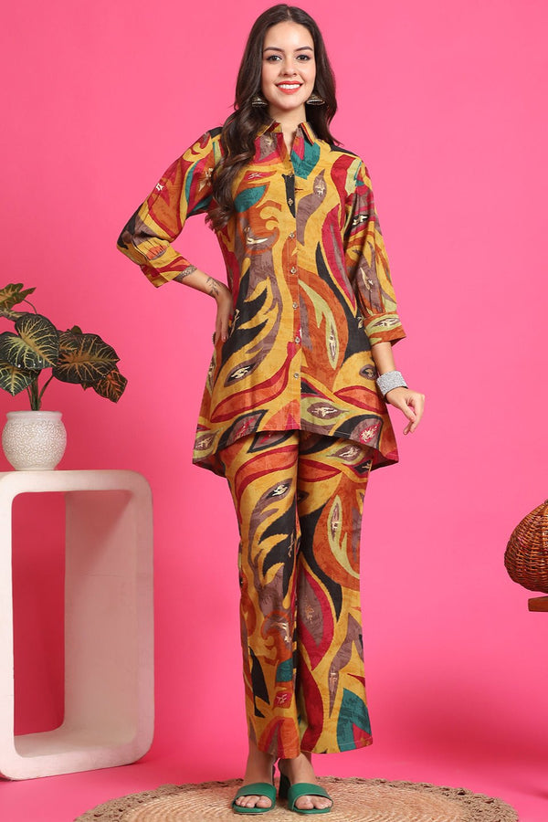 Yellow Abstract Printed Chanderi Premium Co-Ords for Women