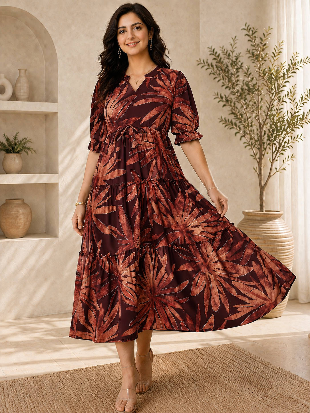 Purple Floral Printed Premium Chanderi Dress for Women | Claura