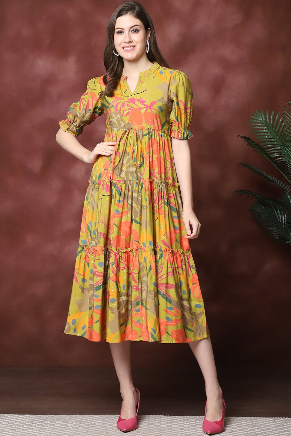 Musturd Color Floral Printed  Chanderi Dress For Women