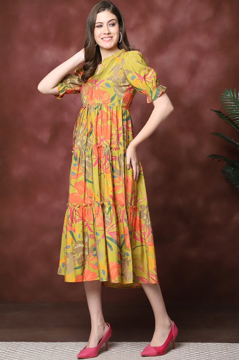 Musturd Color Floral Printed  Chanderi Dress For Women