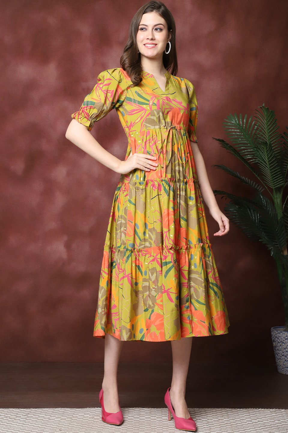 Musturd Color Floral Printed  Chanderi Dress For Women