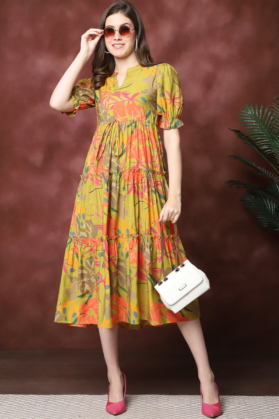 Musturd Color Floral Printed  Chanderi Dress For Women