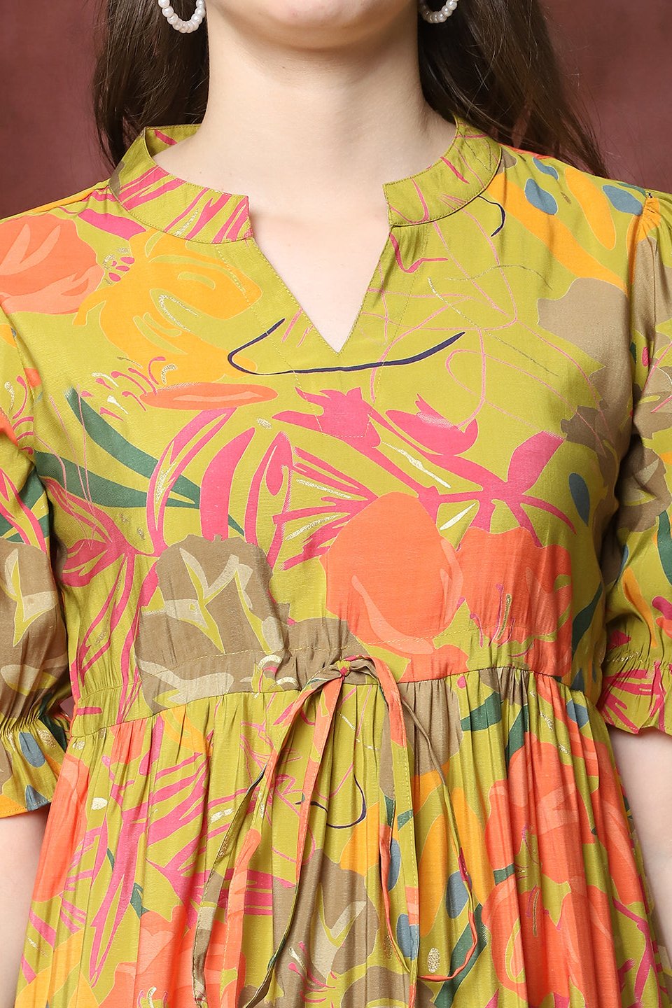Musturd Color Floral Printed  Chanderi Dress For Women