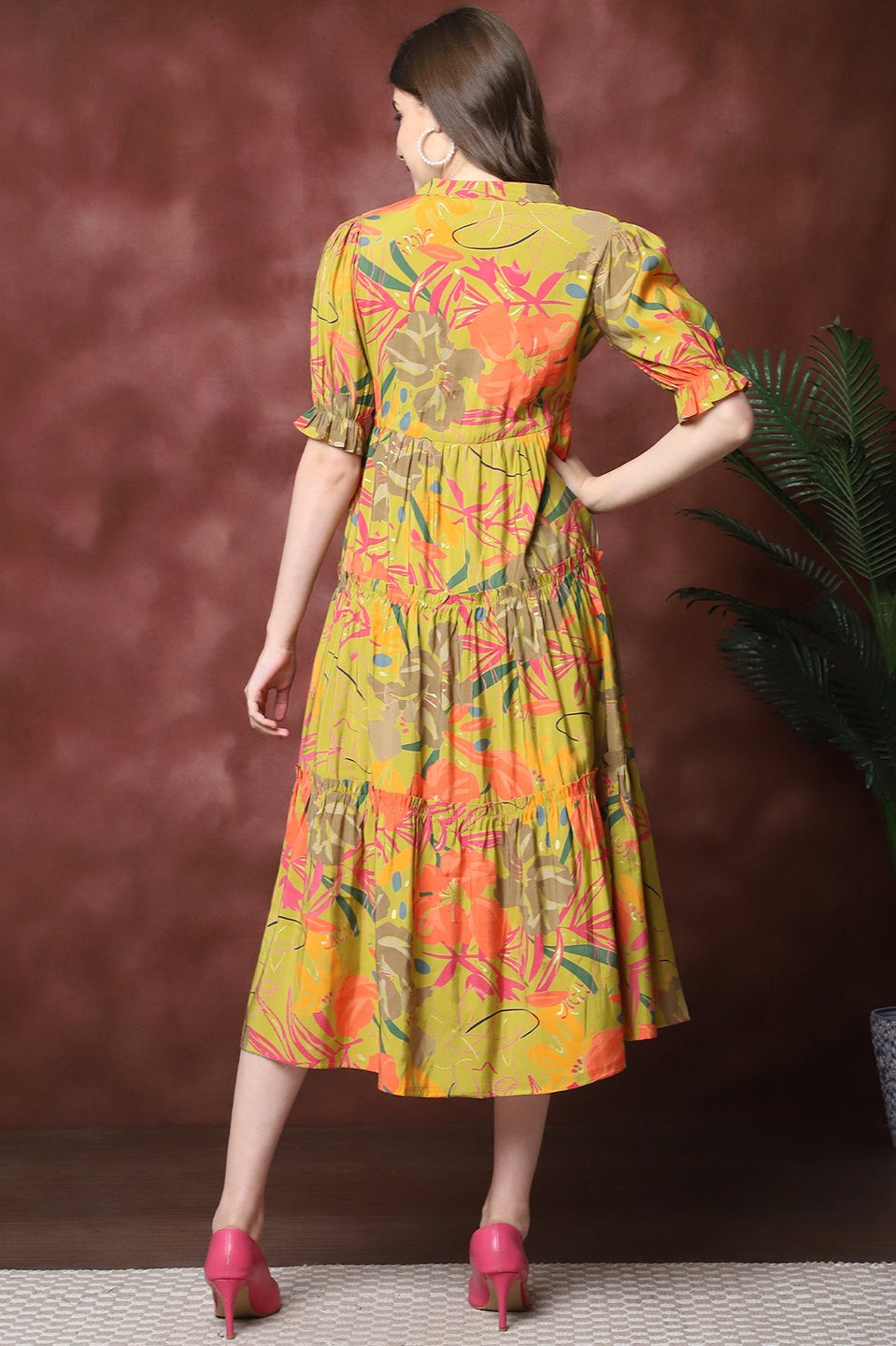 Musturd Color Floral Printed  Chanderi Dress For Women