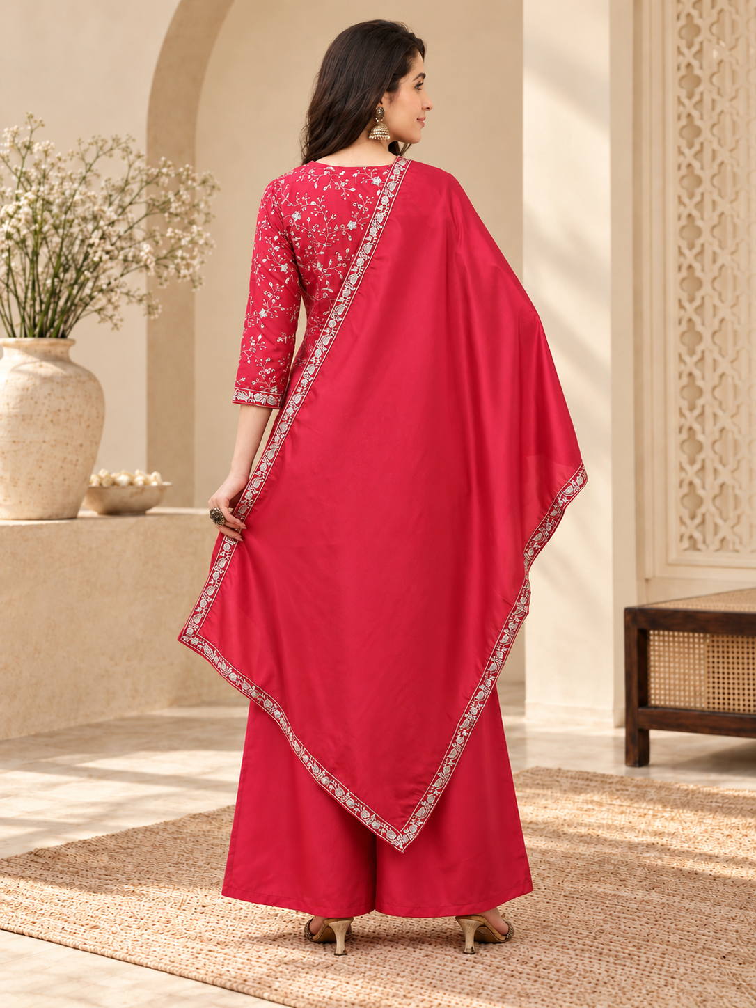 Pink Zari Floral Embroidered Silk Blend Kurta Set with Sharara & Dupatta | Claura
