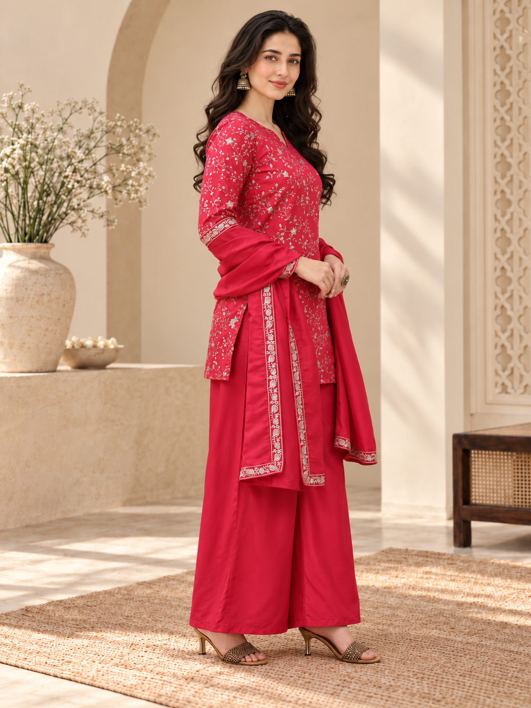 Pink Zari Floral Embroidered Silk Blend Kurta Set with Sharara & Dupatta | Claura