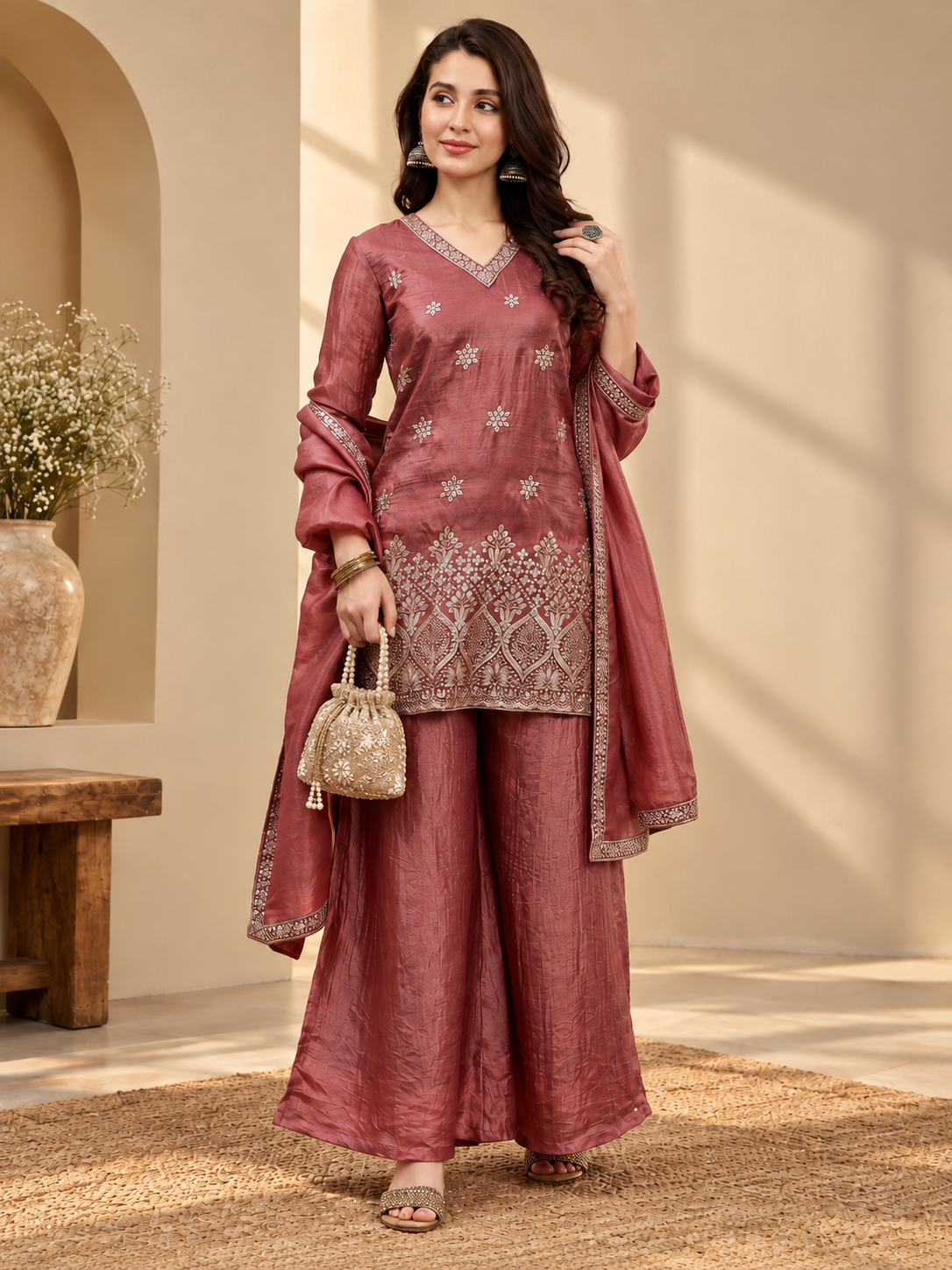 Burgundy Bloom Embroidered Silk Suit Set with Dupatta | Claura