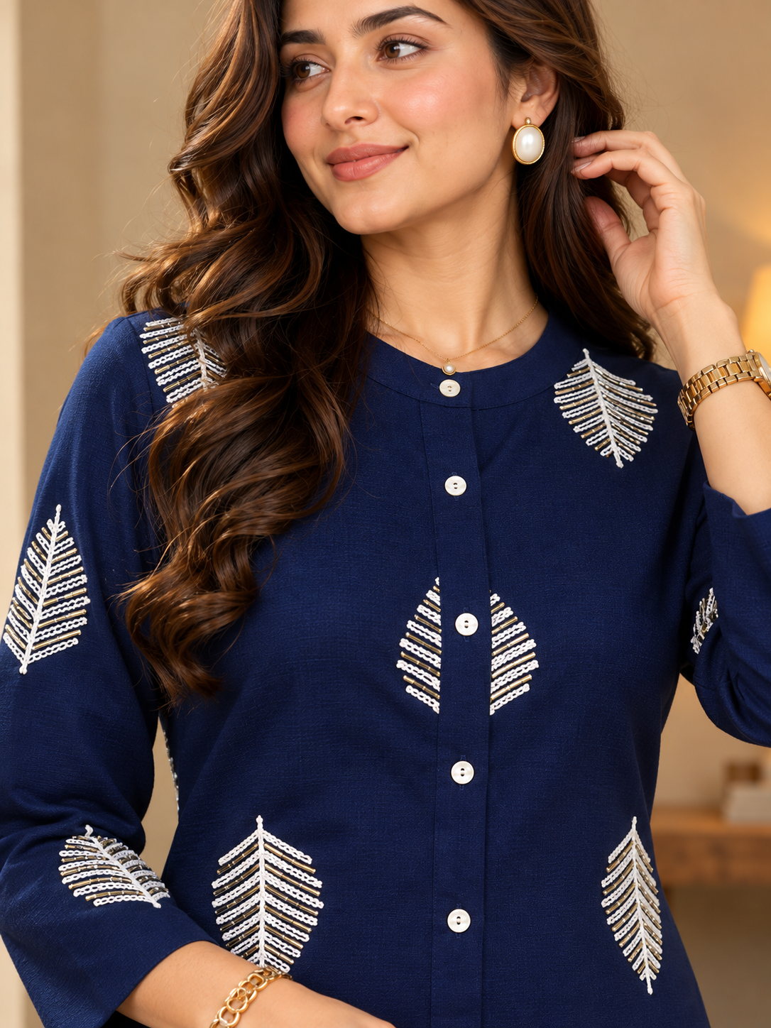 Navy Blue Floral Embroidered Tunic with White Detailing & Palazzo Pants | Claura