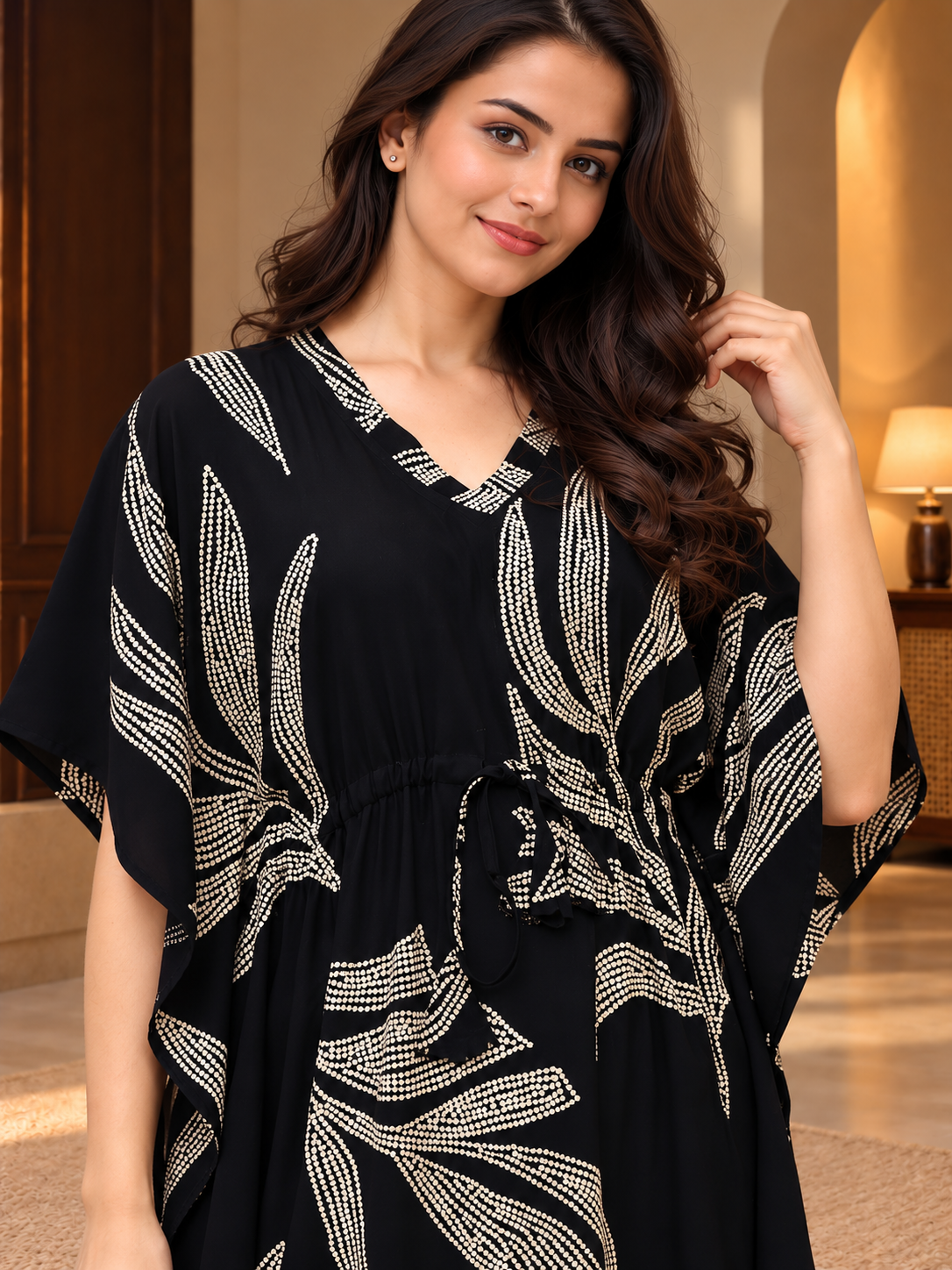 Black Floral Rayon Kaftan Dress for Women | Claura