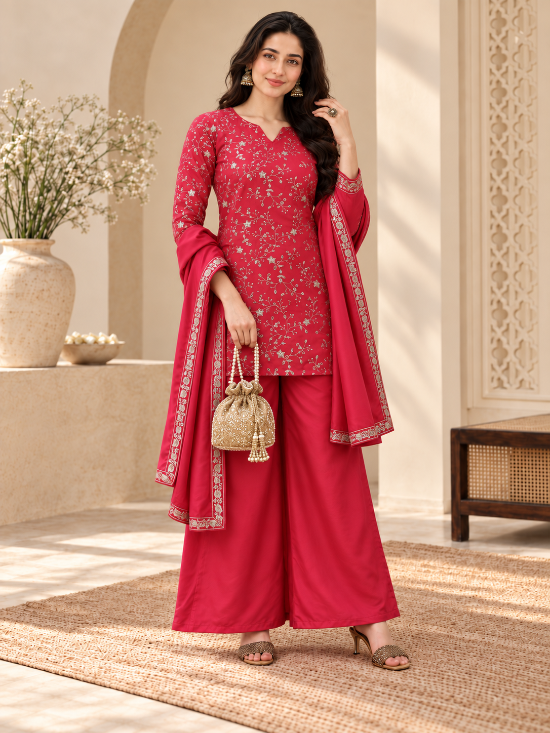 Pink Zari Floral Embroidered Silk Blend Kurta Set with Sharara & Dupatta | Claura