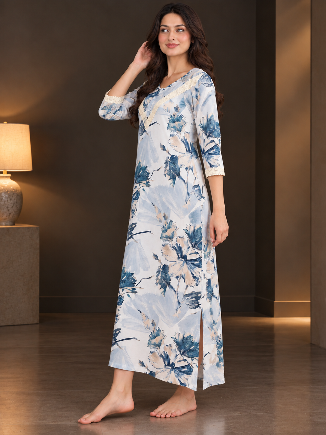 Blue Rayon Cotton Floral Dress | Claura