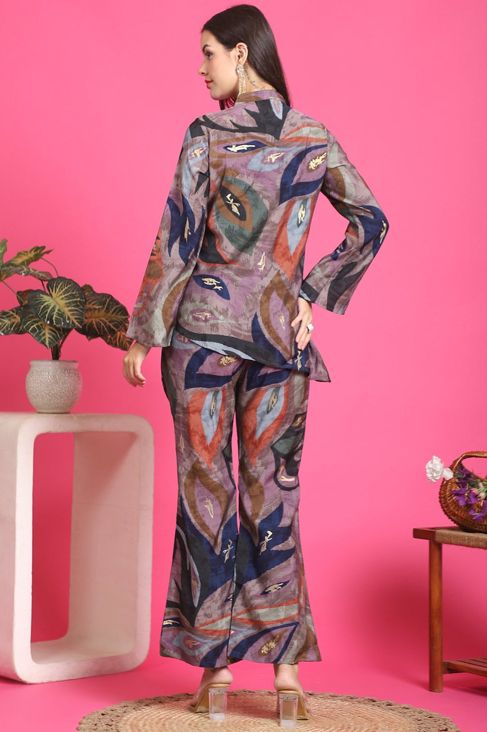 Mauve Abstract Printed Chanderi Silk Co-Ord Set for Women | Claura

