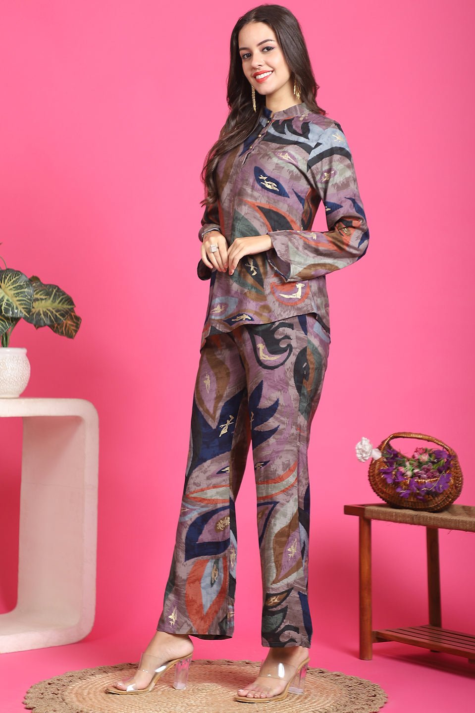 Mauve Abstract Printed Chanderi Silk Co-Ord Set for Women | Claura

