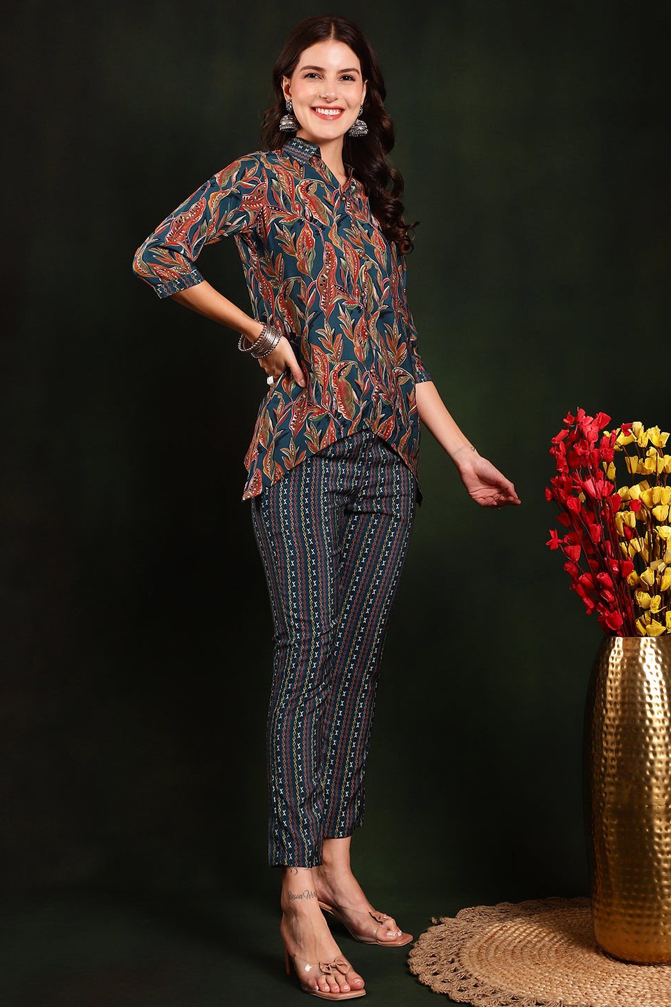 Green Co-Ord Set with Trousers & Floral Tunic


