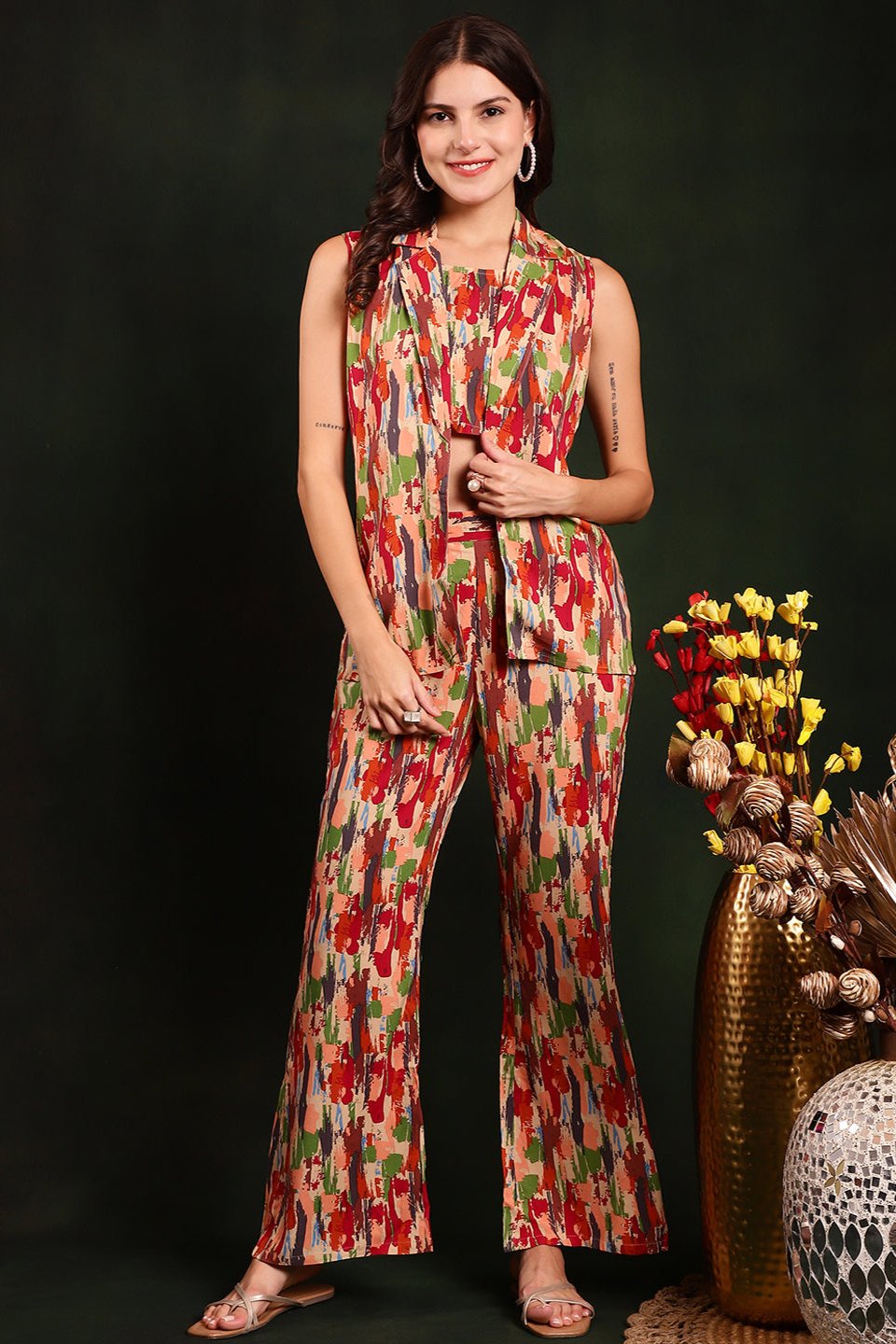 Woman wearing Red Tie-Dye Co-Ord Set with jacket 