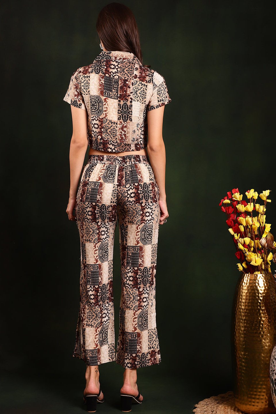 Brown Motif Printed Viscose Rayon Co-ord Set