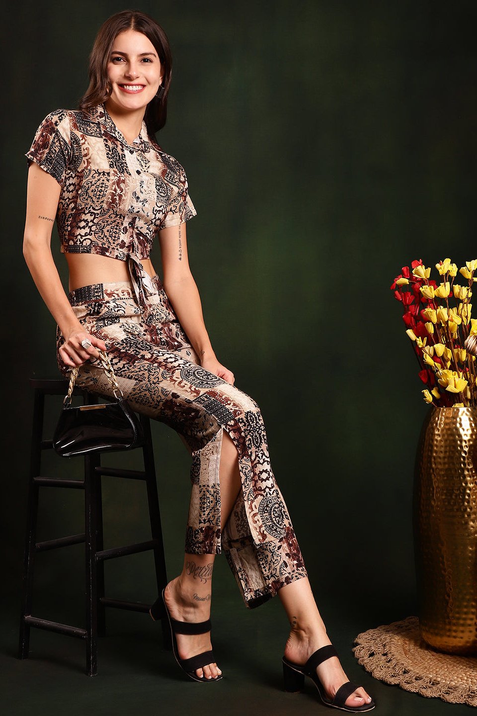 Brown Motif Printed Viscose Rayon Co-ord Set