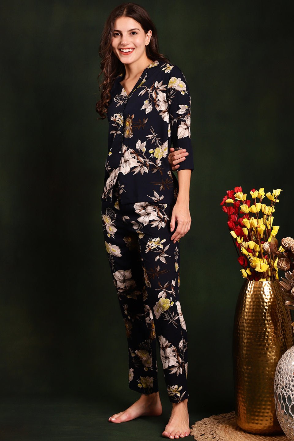 Navy Blue Floral Printed Cotton Night Suit for Women by Claura

