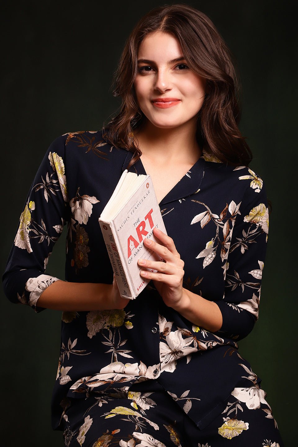 Navy Blue Floral Printed Cotton Night Suit for Women by Claura

