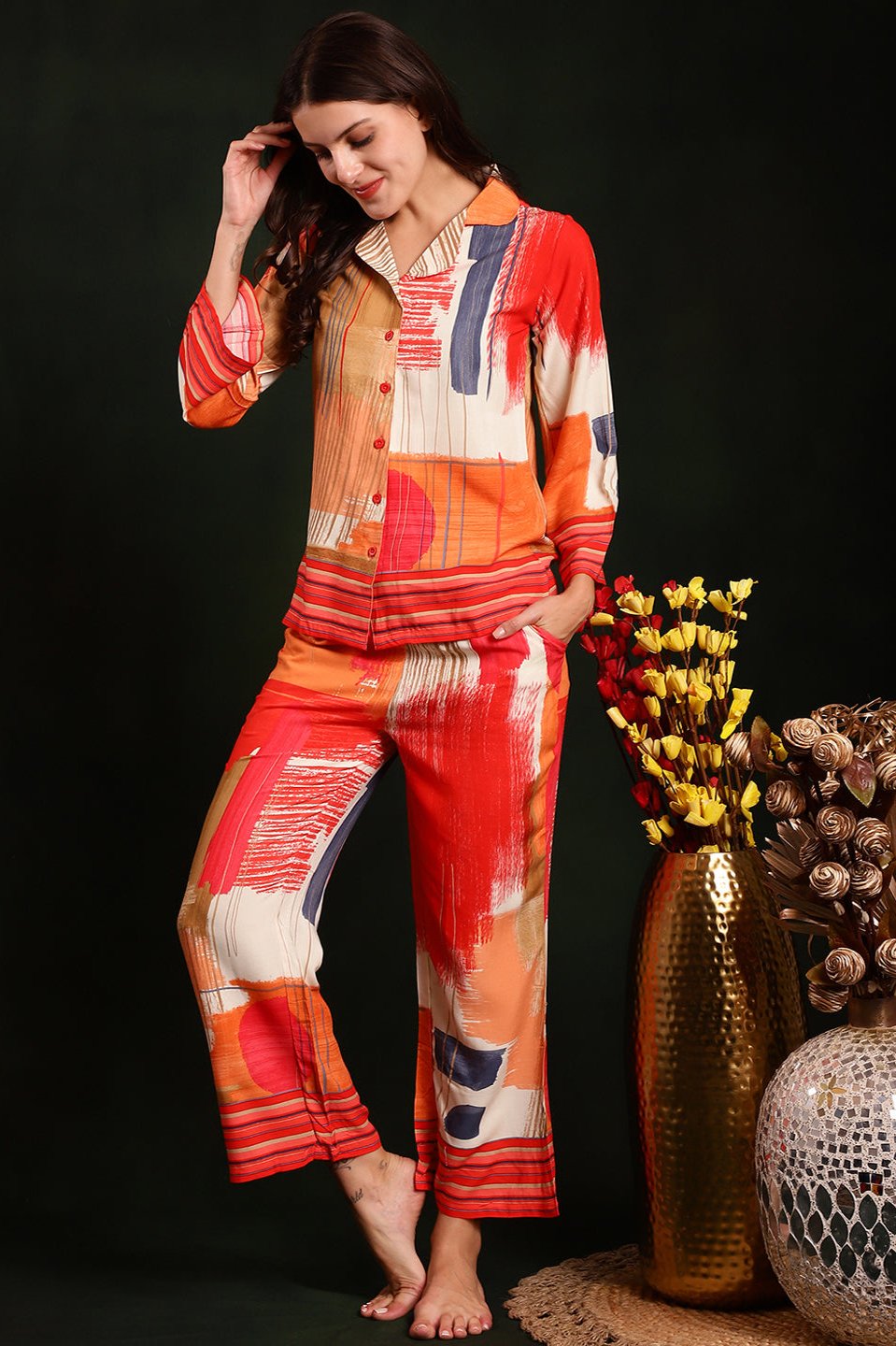 Red Abstract Printed Viscose Rayon Night Suit for Women by Claura

