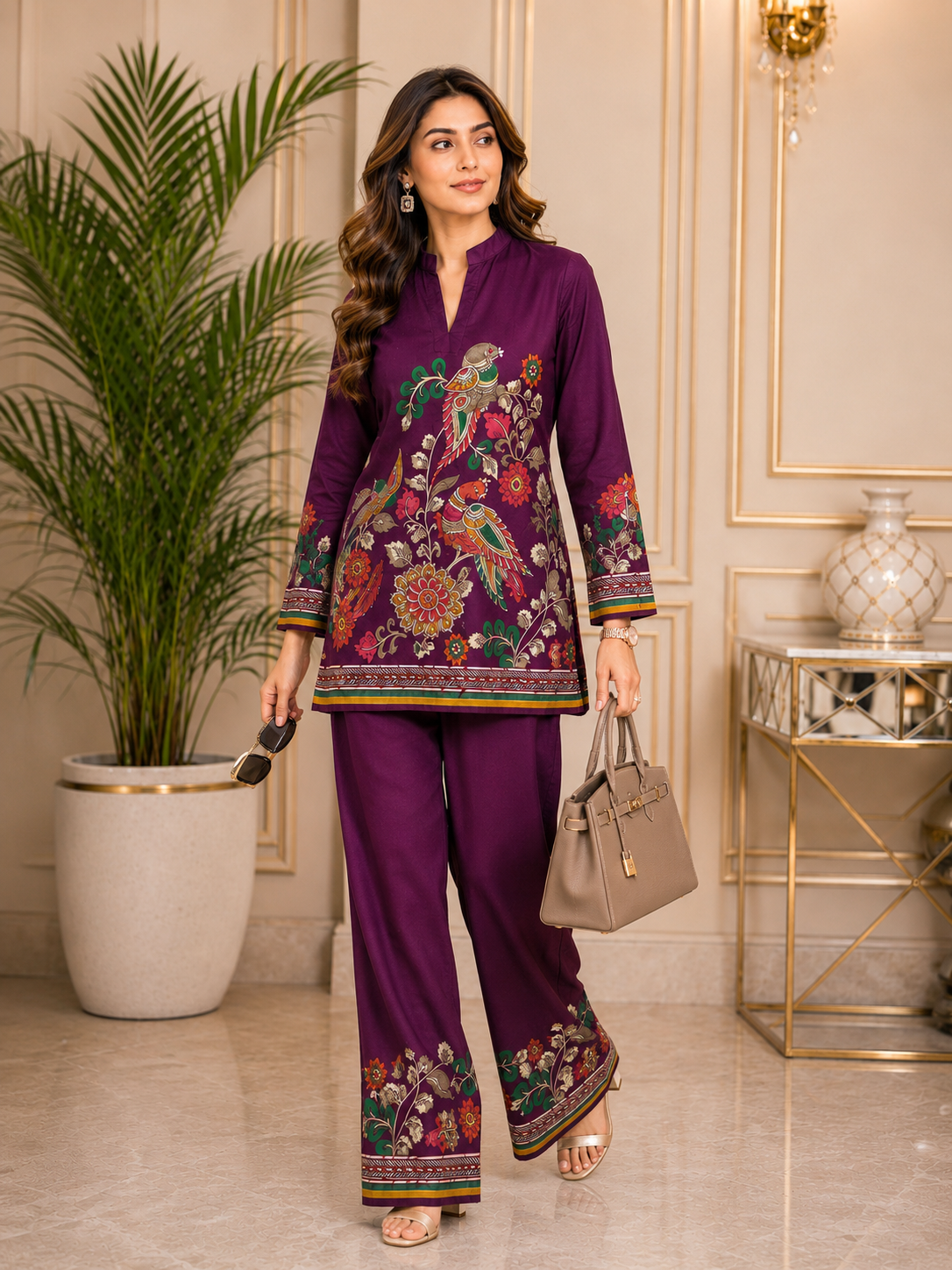 Purple Bohemian Bird & Floral Printed Silk Tunic with Printed Palazzos | Claura