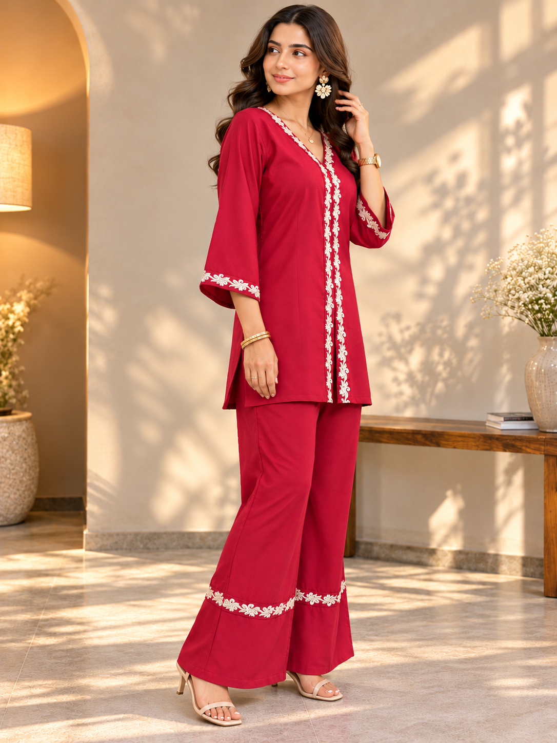 Red Crimson Floral Embroidered Tunic & Palazzo Set | Claura