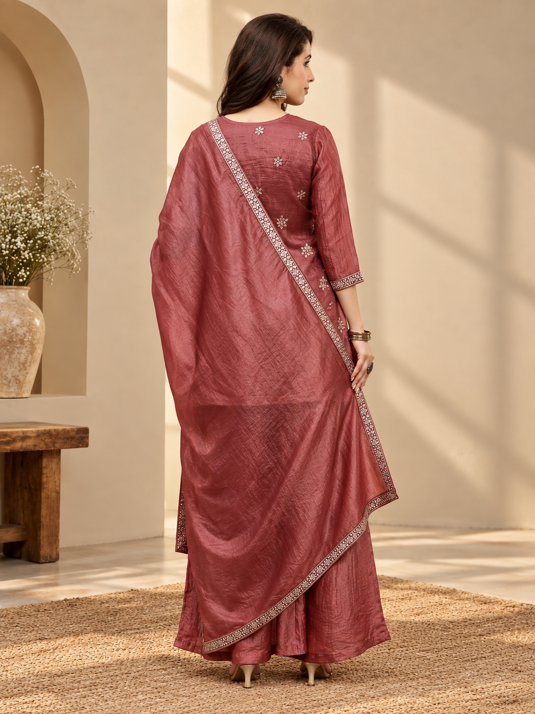 Burgundy Bloom Embroidered Silk Suit Set with Dupatta | Claura